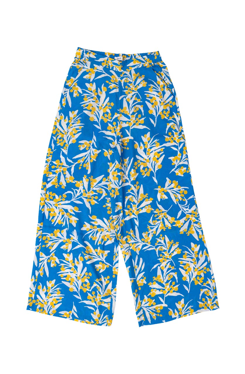 DEVOI Stevie pants in our Blue Wattle print. 100% Modal. Hand painted print.  Front flat lay view