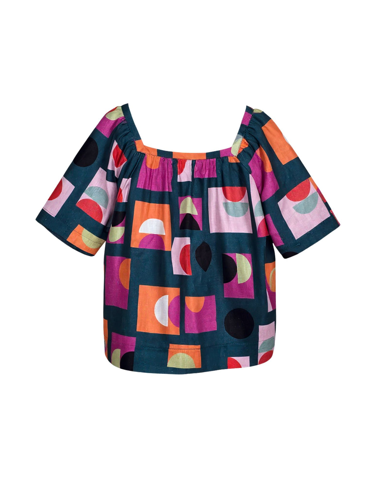 Colorful geometric patterned top on a white background