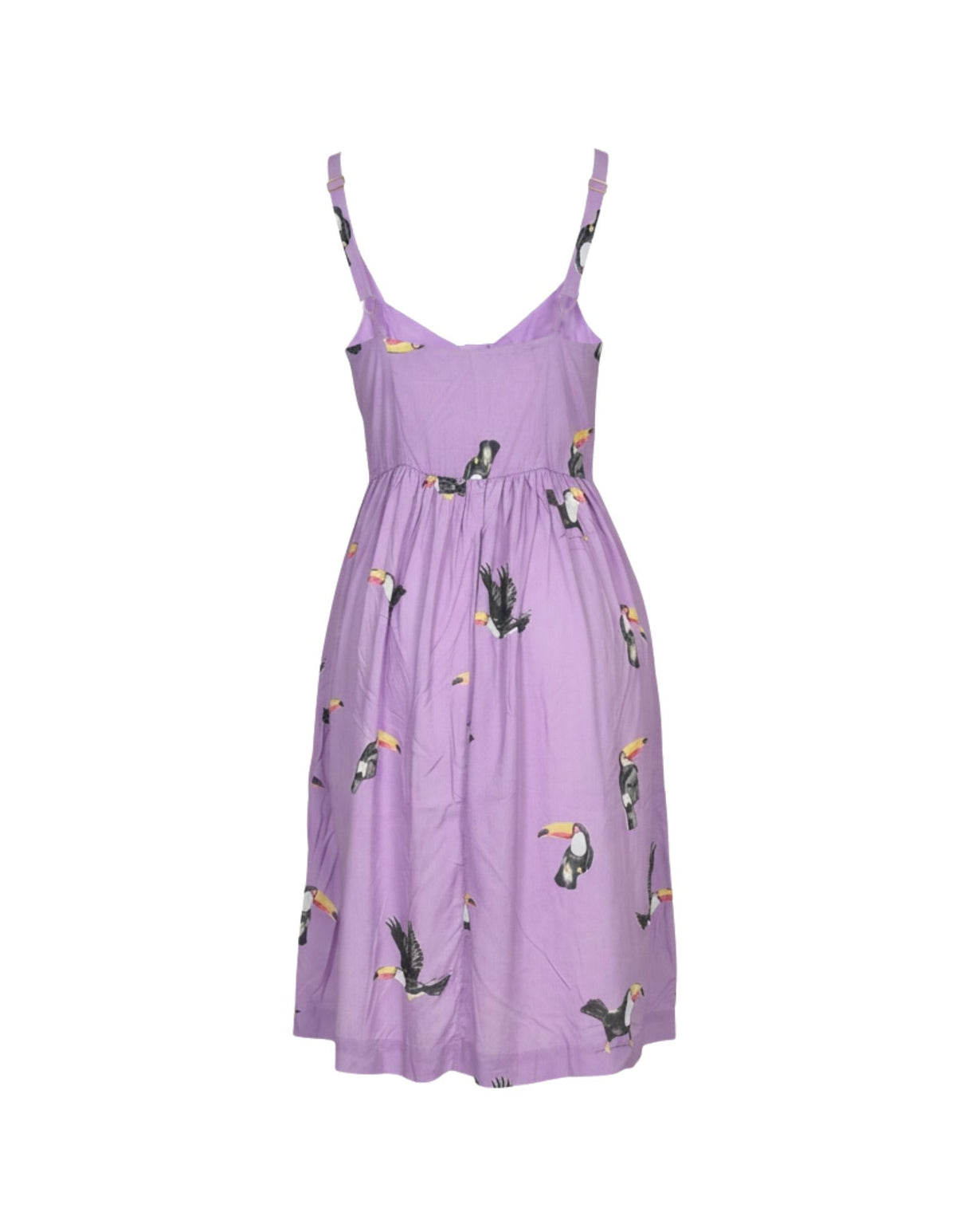 Purple dress with bird pattern on a white background