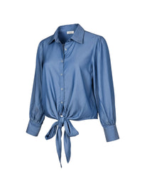 Blue shirt with tie-waist design on a white background