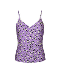 Purple tank top with animal print on a white background, front view