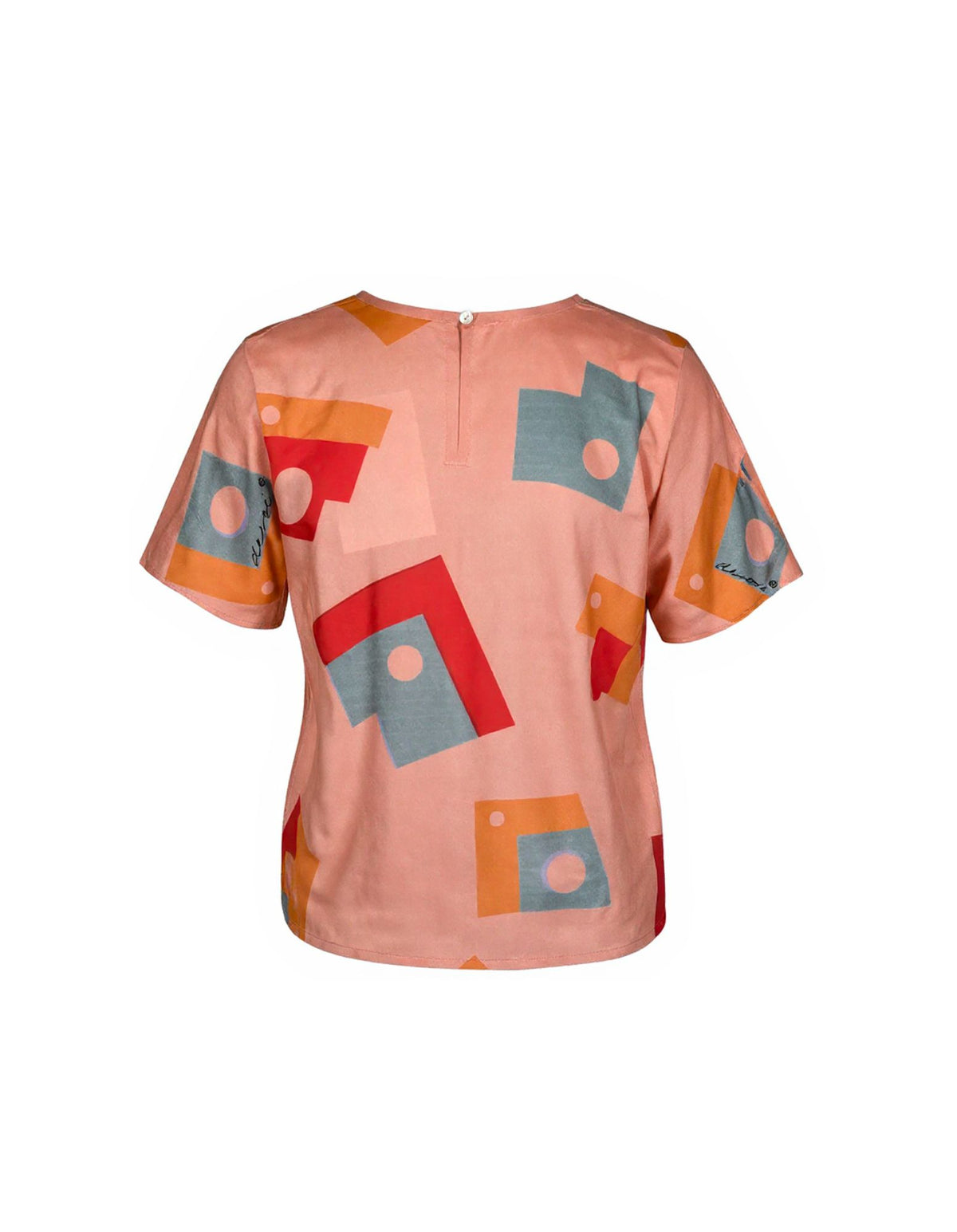 Short-sleeve shirt with geometric pattern on a white background