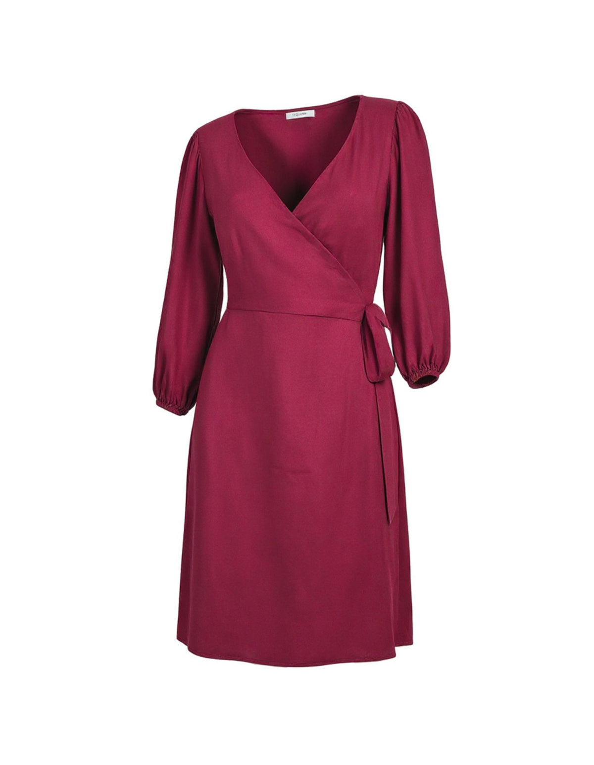 Maroon wrap dress with long sleeves on a white background