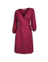 Maroon wrap dress with long sleeves on a white background