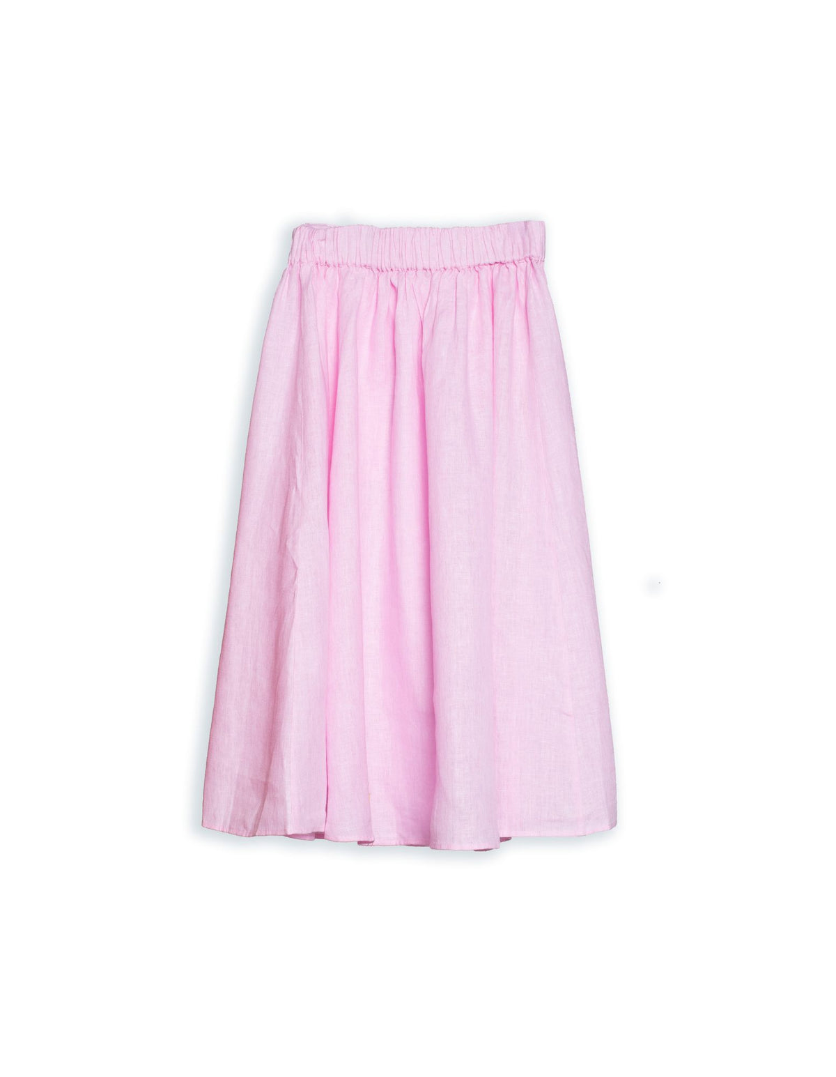 DEVOI Kathleen skirt in bubblegum pink linen. With a drawstring waistband and tie. Side pockets. Finishes below the knee.   back view