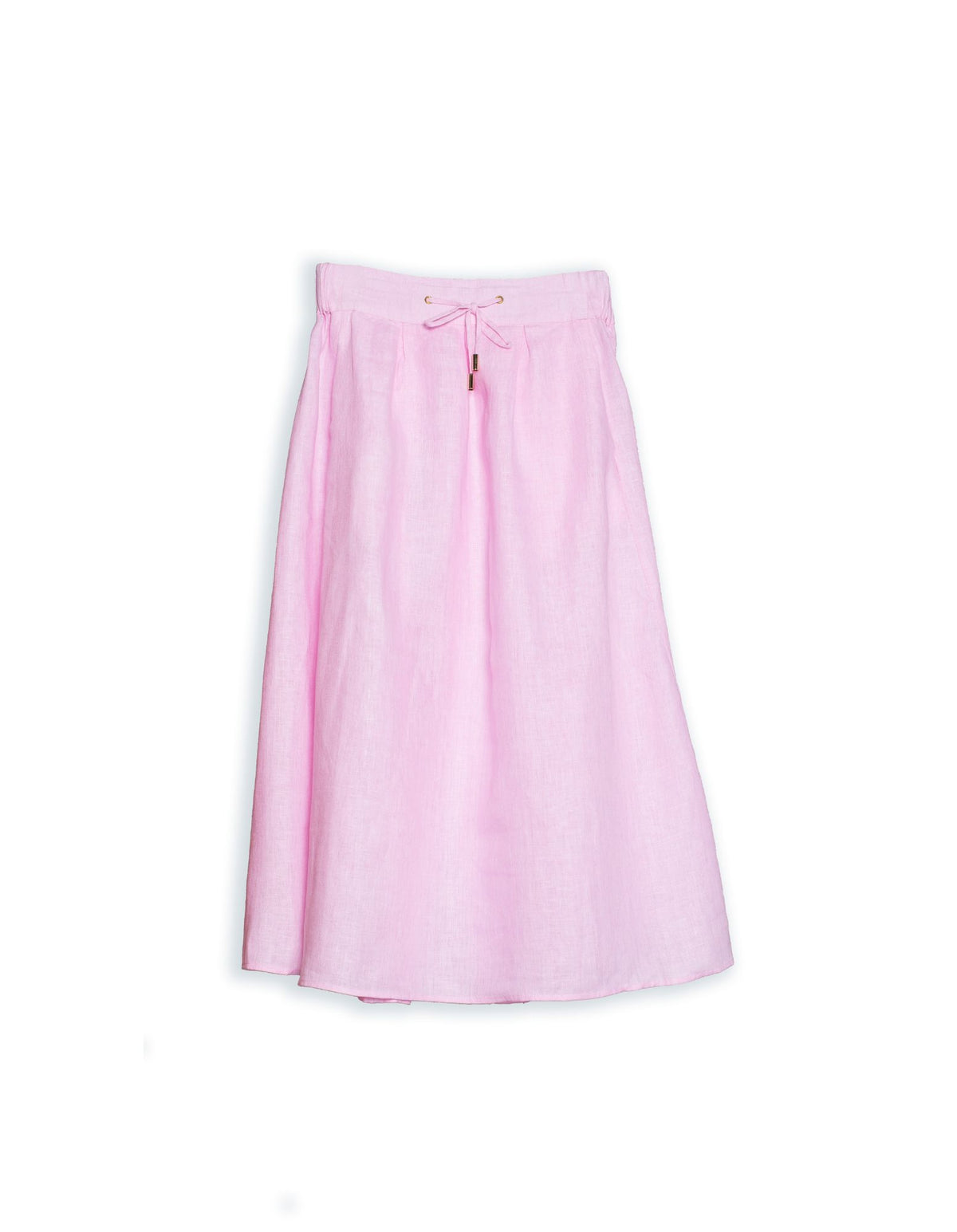 DEVOI Kathleen skirt in bubblegum pink linen. With a drawstring waistband and tie. Side pockets. Finishes below the knee.  Front view