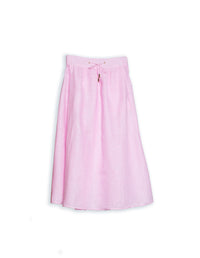 DEVOI Kathleen skirt in bubblegum pink linen. With a drawstring waistband and tie. Side pockets. Finishes below the knee.  Front view
