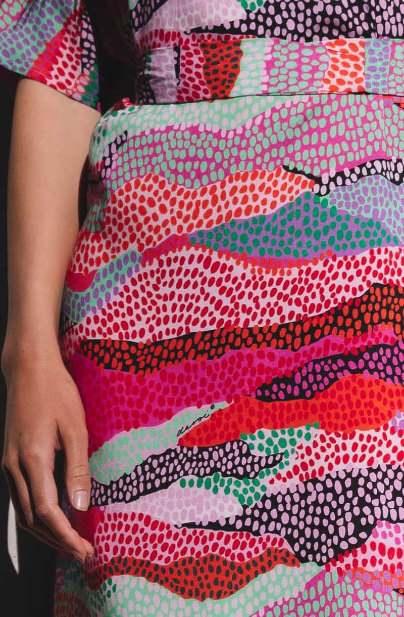 DEVOI Annie dress in our Sediment printed Modal. Belted at the waist with a round neckline. Finishes just below the knee.  Close up of fabric.