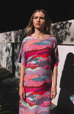 DEVOI Annie dress in our Sediment printed Modal. Belted at the waist with a round neckline. Finishes just below the knee.  Front bodice view on model.