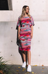 DEVOI Annie dress in our Sediment printed Modal. Belted at the waist with a round neckline. Finishes just below the knee. Front view on model.