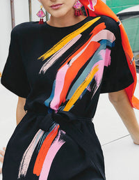Annie dress Electric Heart printed 100% Silk with a tie belt. Slinky shift dress. Black with printed front. Fabric close up