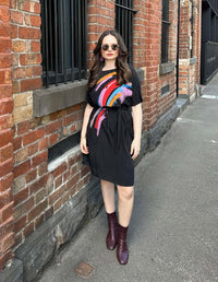 Annie dress Electric Heart printed 100% Silk with a tie belt. Slinky shift dress. Black with printed front. Front full length view