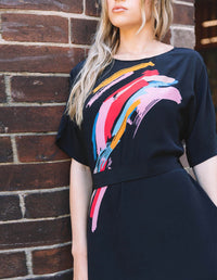 Annie dress Electric Heart printed 100% Silk with a tie belt. Slinky shift dress. Black with printed front. Print close-up