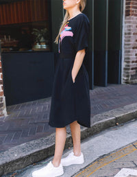 Annie dress Electric Heart printed 100% Silk with a tie belt. Slinky shift dress. Black with printed front. Side view