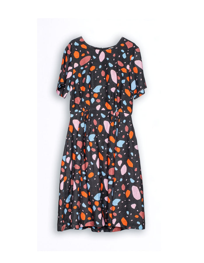 DEVOI Dorothy dress in Terrazzo printed linen. Front view