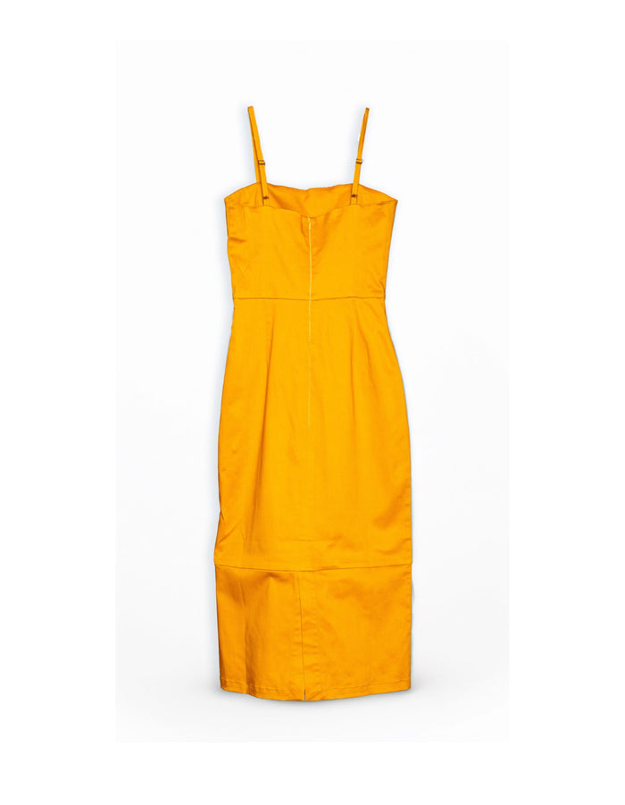DEVOI Capella dress sample sale. Mustard, marigold colour. Back view