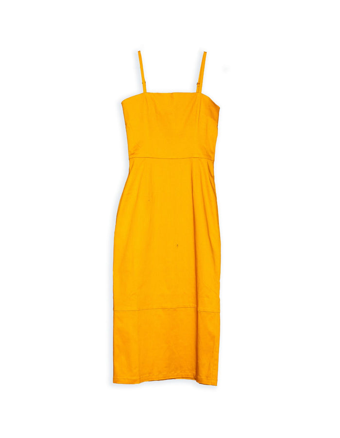 DEVOI Capella dress sample sale. Mustard, marigold colour. Front view