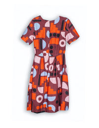 DEVOI Dorothy dress in Block Party maroon print. Back view