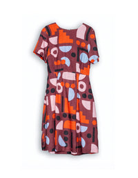 DEVOI Dorothy dress in Block Party maroon print. Front view