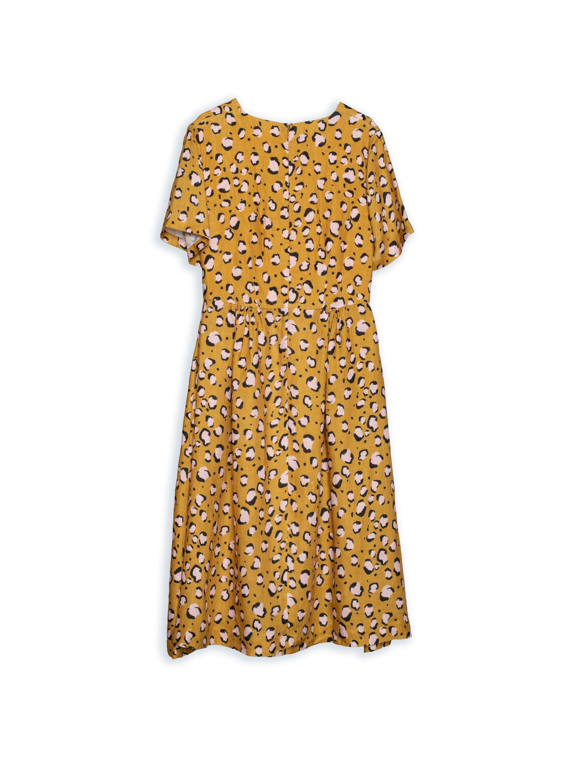 DEVOI Dorothy dress in printed mustard Pink Leopard. Short sleeves. Finishes at the knee. Back view