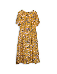 DEVOI Dorothy dress in printed mustard Pink Leopard. Short sleeves. Finishes at the knee. Back view