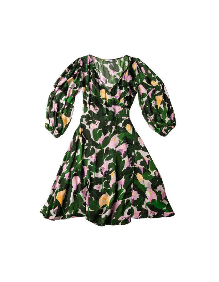 DEVOI Audrey dress in Purple Calla lilies printed cupro. Silky soft wrap dress with 3/4 length sleeves. V-neckline. Front view
