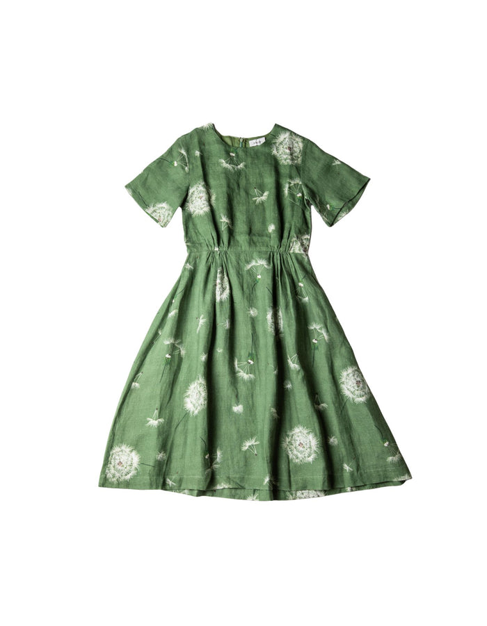 DEVOI printed green linen dress in the Find and Dandy print with dandelions. Short sleeves, round neckline, knee length. Front view