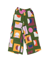 DEVOI Annalise trousers in 100% linen, in our Olive Just Pretend print. Cropped linen trouser pants with pockets. Front flat lay view.
