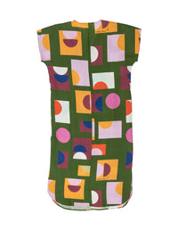 DEVOI green Ivy dress in our Olive Just Pretend print. 100% Linen. Dress has a v-neck, short sleeves and a front and back centre seam. The dress comes with a belt in self fabric to tie. Back flat lay