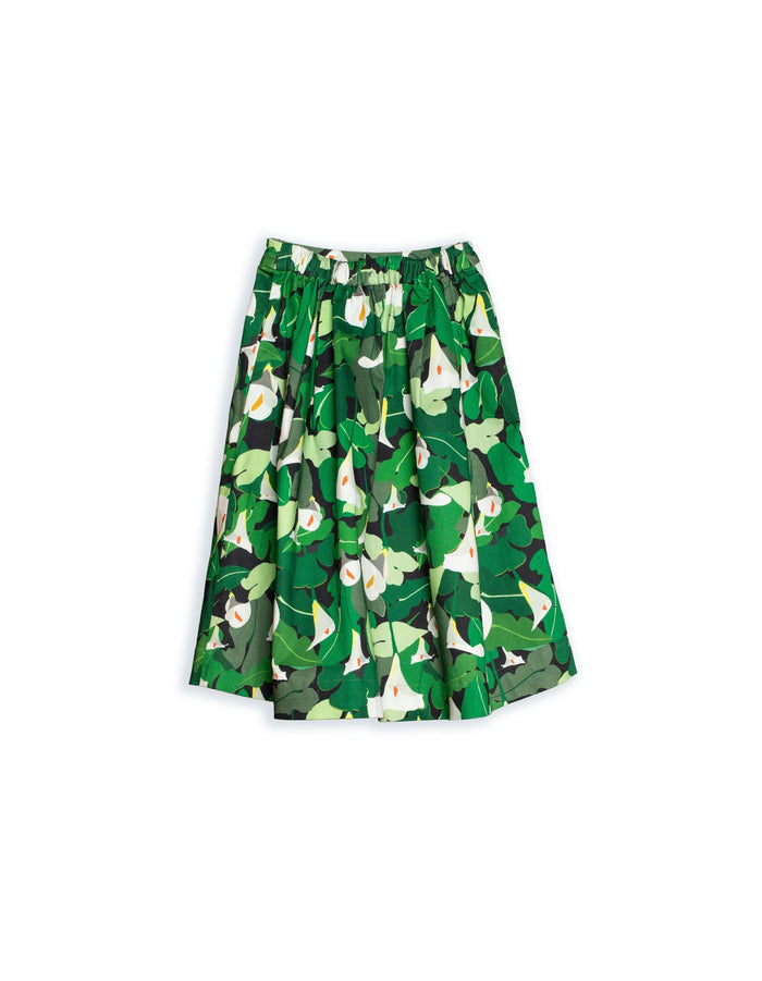 DEVOI green Margot Calla Lillie printed skirt in stretch cotton. Back view