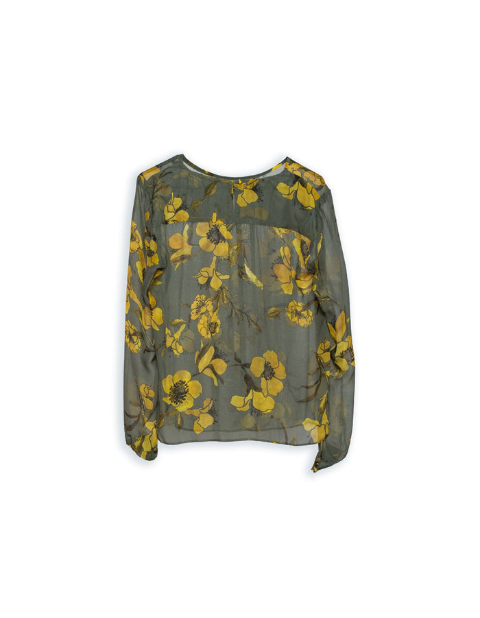 DEVOI  Isobel silk georgette blouse in Nemophily print. Khaki green with golden flowers. Back view