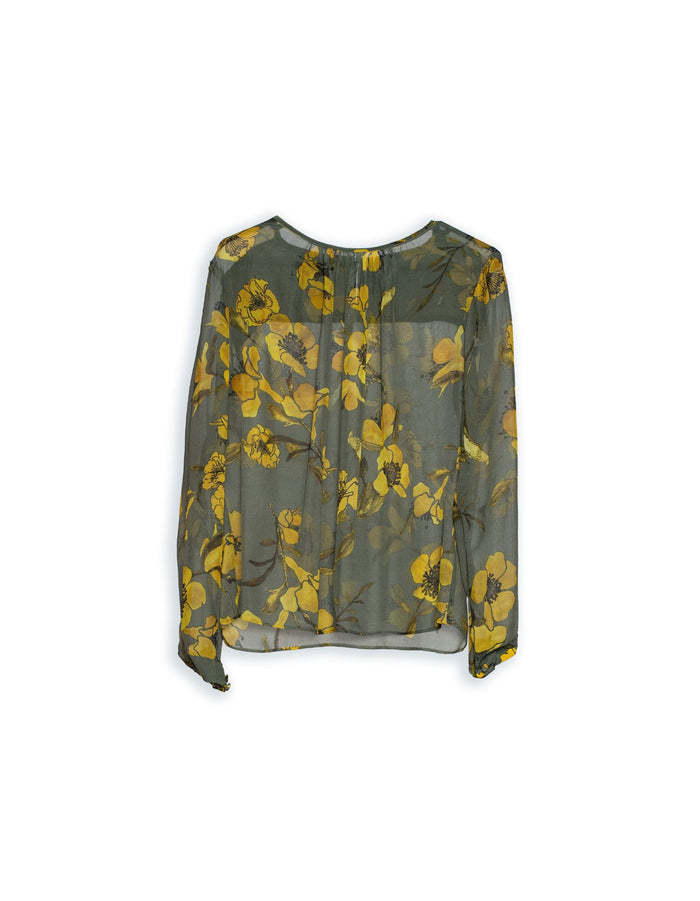DEVOI  Isobel silk georgette blouse in Nemophily print. Khaki green with golden flowers. Front