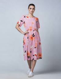 DEVOI Lilac Magnolia printed Dorothy dress in linen. Front view on model.