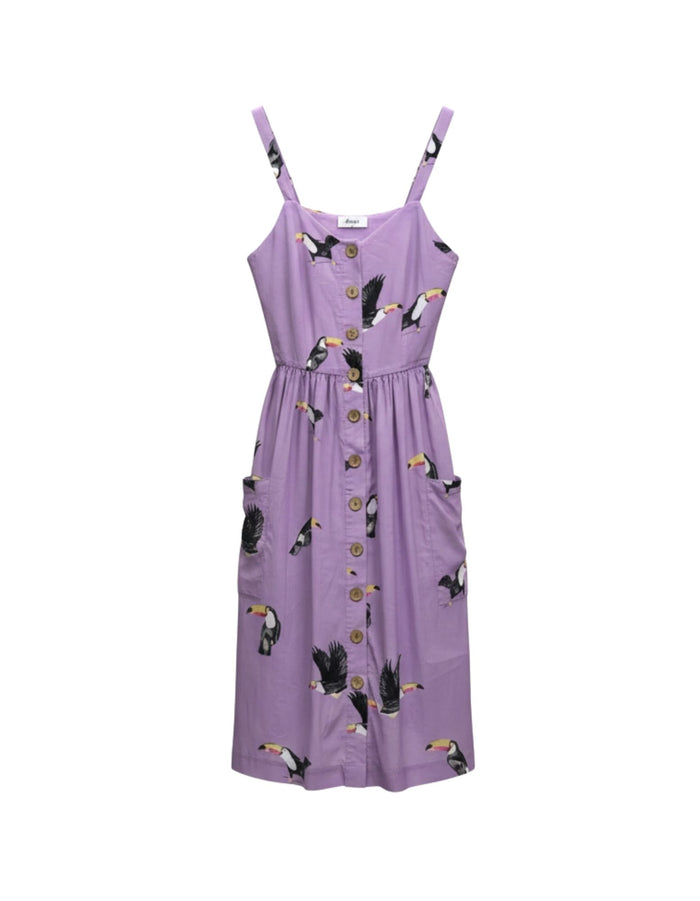 Purple dress with toucan pattern on a white background