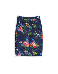 DEVOI navy printed stretch cotton pencil skirt with a centre back zip and back split. Knee length skirt. Back view