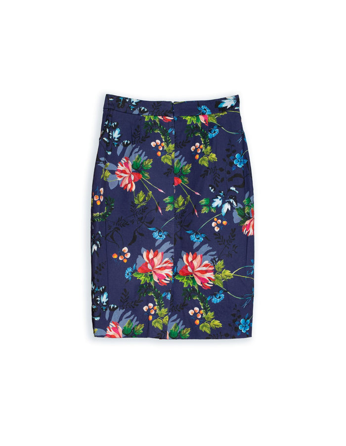 DEVOI navy printed stretch cotton pencil skirt with a centre back zip and back split. Knee length skirt. Back view