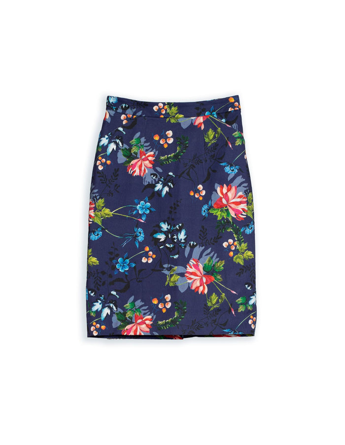 DEVOI navy printed stretch cotton pencil skirt with a centre back zip and back split. Knee length skirt.  Front view