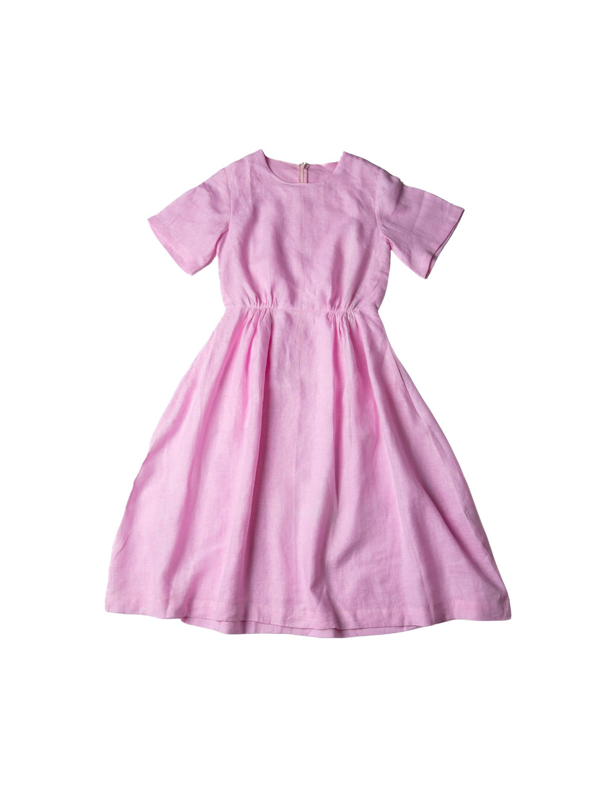 DEVOI Dorothy dress with ahort sleeves, a round neckline and a gathered skirt in Pink. Colour: pink lemonade. Front view