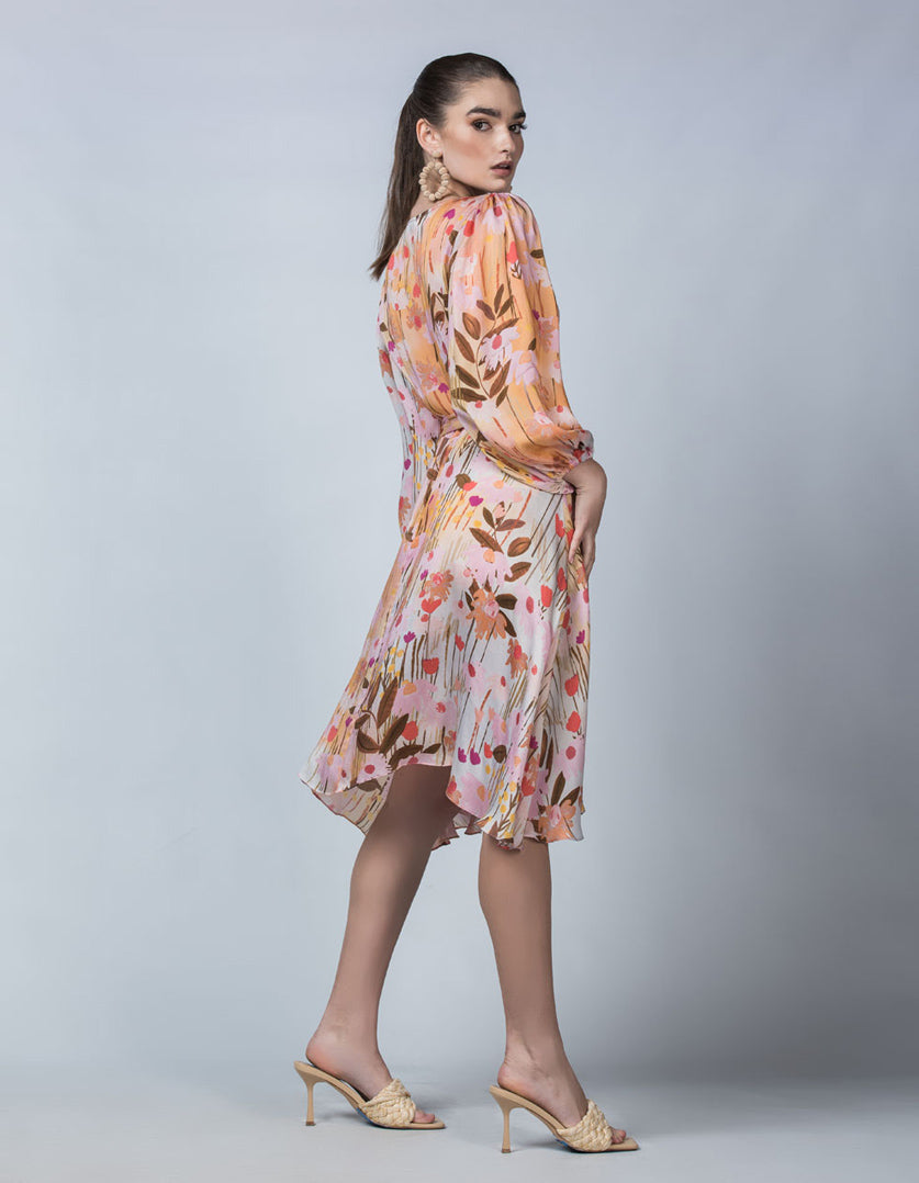 DEVOI pink Audrey dress in Meadow printed cupro. Side back view.