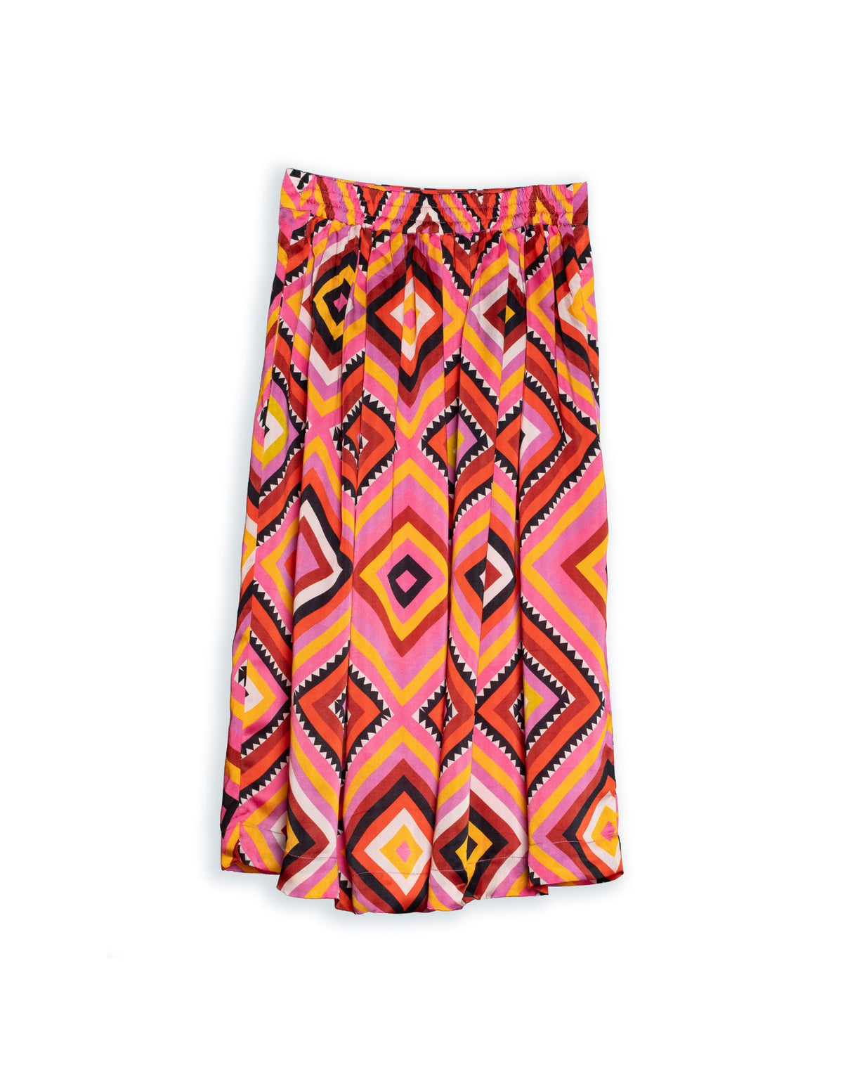 DEVOI Margot skirt on red printed cupro. Print name: Phosphene. Knees length. Elasticated waist. Back view