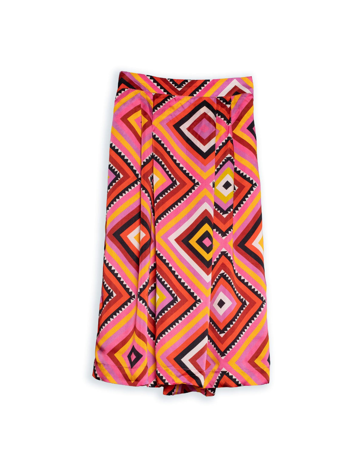 DEVOI Margot skirt on red printed cupro. Print name: Phosphene. Knees length. Elasticated waist. Front view