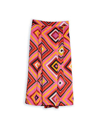 DEVOI Margot skirt on red printed cupro. Print name: Phosphene. Knees length. Elasticated waist. Front view