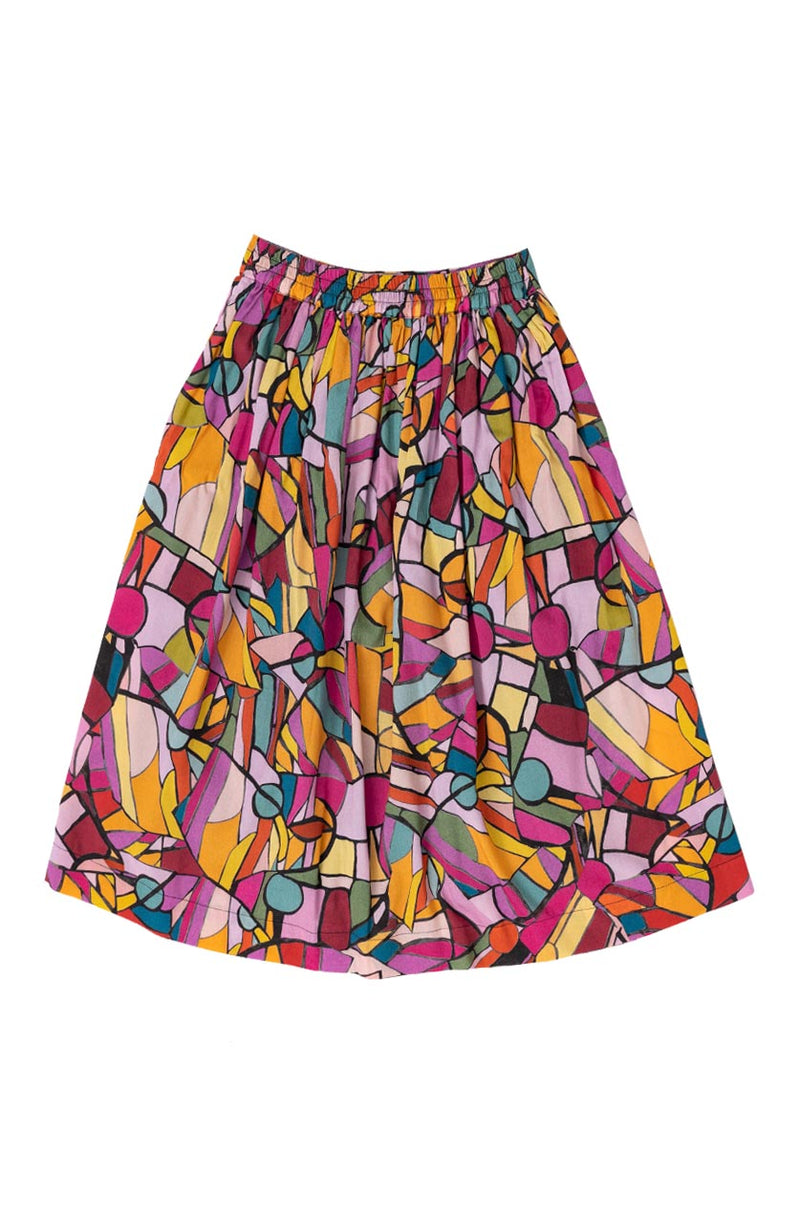 DEVOI Rejoice printed Modal skirt. Elasticated back waist. Flat front waist. Pockts! Finishes just below the knee. Back view