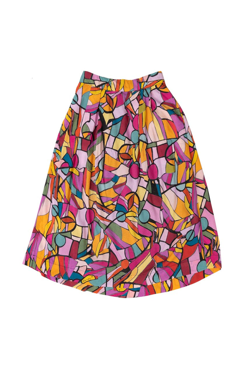 DEVOI Rejoice printed Modal skirt. Elasticated back waist. Flat front waist. Pockts! Finishes just below the knee. Front view.