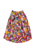 DEVOI Rejoice printed Modal skirt. Elasticated back waist. Flat front waist. Pockts! Finishes just below the knee. Front view.