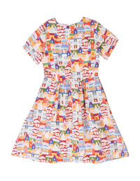 DEVOI White Urban Scapes Dorothy dress in printed Linen. Round neckline. Knee length. Short sleeves. Pockets. Back flat lay view.