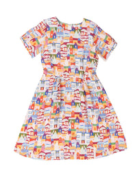 DEVOI White Urban Scapes Dorothy dress in printed Linen. Round neckline. Knee length. Short sleeves. Pockets. Front flat lay view.