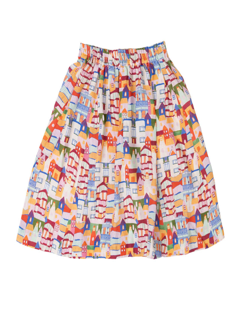 DEVOI Kathleen skirt in Urban Scapes print. Front view. 100% Linen, hand painted print. Back flat lay