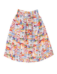 DEVOI Kathleen skirt in Urban Scapes print. Front view. 100% Linen, hand painted print. Front flat lay