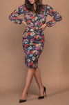 DEVOI Frances pencil skirt in stretch cotton. This skirt is printed in Black Empress floral print. the skirt is super comfy and has pockets and a back vent.